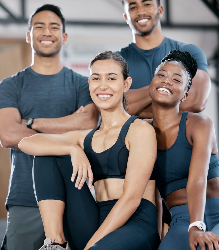 Fitness smile and portrait of friends in gym for teamwork, support and workout. Motivation, coachin.